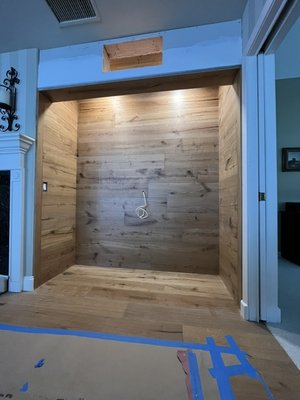 Hardwood Wine storage - The wall was prepared with red guard to prevent mold and then we install engineered hardwood on the walls Hardwood Wine storage - The wall was prepared with red guard to prevent mold and then we install engineered hardwood on the walls