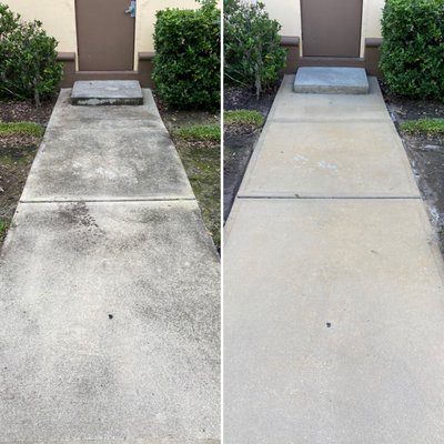 Driveway & Sidewalk Cleaning - Our 3 step process ensures the cleanest surface possible. We pre treat the surface to break down mold and dirt. Then we pressure wash the surface with our professional grade equipment. After the pressure wash and rinse down is complete, we apply a post treatment to ensure the brightest surface possible without lines or swirl marks. Driveway & Sidewalk Cleaning - Our 3 step process ensures the cleanest surface possible. We pre treat the surface to break down mold and dirt. Then we pressure wash the surface with our professional grade equipment. After the pressure wash and rinse down is complete, we apply a post treatment to ensure the brightest surface possible without lines or swirl marks.