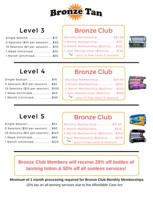 Tanning Bed Pricing - Each of our locations offers unique tanning beds and sunless tanning services.

Visit our website to learn which tanning beds are avaialbe!