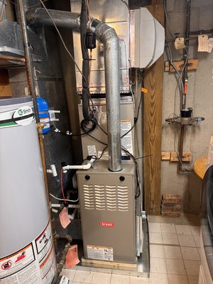 Kentland, MJ - We replaced existing, broken gas furnace and AC system. 
80% 90kbtu gas furnace replaced. Old one was 12” wide and 54” tall. New one is 17” wide and 33” tall. Also 2.5 ton evaporator coil on the top of the gas furnace and using existing humidifier. 
New custom made duct work, secondary drain pan, new condensation drain line with EZ trap and overflow switch. Also, secondary intake air opening with filter rack. Flushing the existing copper lines sets with R11 acid. New pad for outdoor unit and 3” legs. 500 psi nitrogen pressure for leak test then 500micron vacuum. 
Started and measured all pressures and temperature. Inspected day and 2 days after and measured again to make sure everything is good. The customer is very satisfied and gave us 5 star review in Google