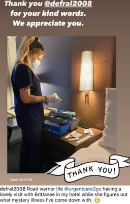 Patient was seen in their hotel room - Once we arrived at the patient's hotel room, we were able to provide a thorough examination and administer the necessary treatment right there on the spot. Our patient was incredibly grateful for the quick response time and personalized care they received, and we were delighted to be able to help.
At our mobile urgent care service, we are committed to providing the highest level of medical care Patient was seen in their hotel room - Once we arrived at the patient's hotel room, we were able to provide a thorough examination and administer the necessary treatment right there on the spot. Our patient was incredibly grateful for the quick response time and personalized care they received, and we were delighted to be able to help.
At our mobile urgent care service, we are committed to providing the highest level of medical care