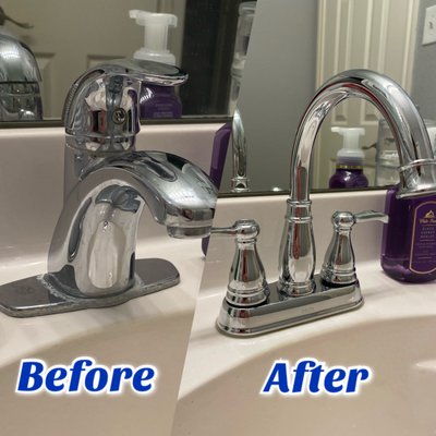 Faucet Installation - This before picture shows a faucet this was original to the home and was 15 years old.  The homeowner wanted a quick update to the bathroom with a better functioning faucet for the guest bathroom.