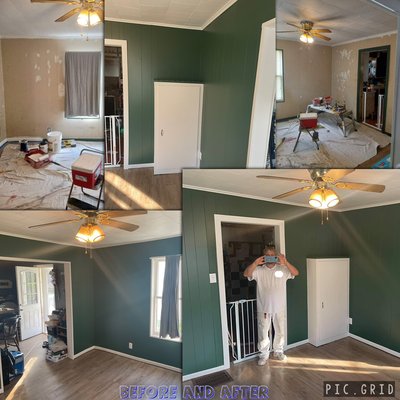 Laurent Dining Room Repaint - Repaint on a customers dining room. There was staining on the ceiling. So we used an oil cover stain to lock in the stain and painted the ceiling. As well as trim cabinet and walls. Put in all new plugs, light switches, and plate covers as well. Another very happy customer! Thanks for looking!