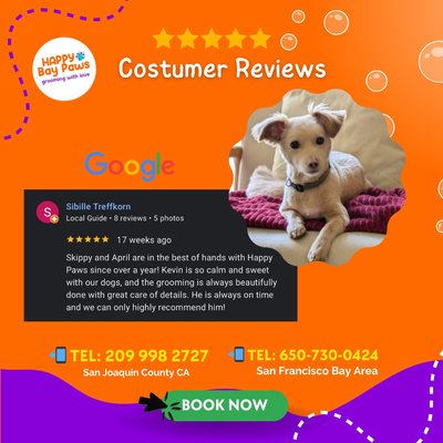 Customer Reviews - Reviews from satisfied customers. We are excited to make you another happy client with our services for your furry friend. 🧡🐶🫧