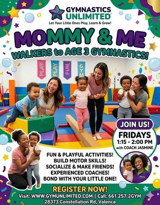 Mommy & Me Classes Now Enrolling - Start your little ones off young. Gymnastics Unlimited offers Mommy & Me classes on Fridays with Coach Ari. 1:15-2:00pm. Mommy & Me Classes Now Enrolling - Start your little ones off young. Gymnastics Unlimited offers Mommy & Me classes on Fridays with Coach Ari. 1:15-2:00pm.