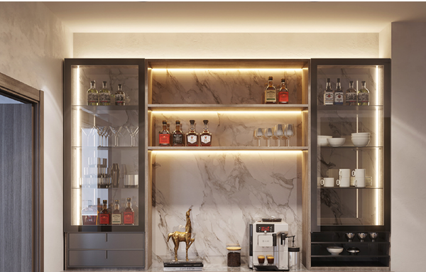 Basement Bar Cabinetry Design - This project we renovated a bar for a family room. The process included proposing a design that incorporates their existing appliances with new cabinets and display in order to make this a functional and cohesive bar for entertaining.