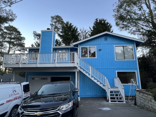 Exterior, Cambria CA - This home had a lot of old, rotted wood. It was in major need of a paint job as the old paint was extremely faded and weathered due to the climate of the area. We used Latitude paint by Sherwin Williams. The colors were “Flyway” for the body of the home, and “Alabaster” for the trim Exterior, Cambria CA - This home had a lot of old, rotted wood. It was in major need of a paint job as the old paint was extremely faded and weathered due to the climate of the area. We used Latitude paint by Sherwin Williams. The colors were “Flyway” for the body of the home, and “Alabaster” for the trim