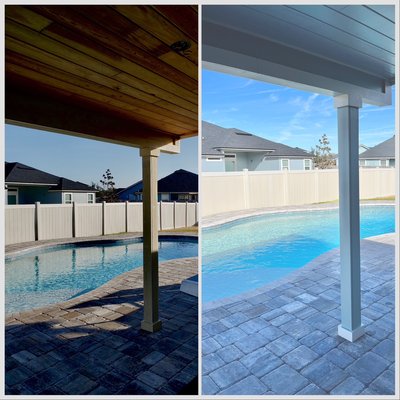 Exterior Deck Painting Green Cove Springs - Brought to life this beautiful back patio project for the homeowner by prepping all new wood, sealing all openings to allow for positive water flow, and protect from future water damage with a durable silicone-based material. Then we finished with 3 full coats of high-quality Sherwin-Williams exterior paint. As an added bonus, this paint has life time guarantee so our homeowners have peace of mind for years to come! Exterior Deck Painting Green Cove Springs - Brought to life this beautiful back patio project for the homeowner by prepping all new wood, sealing all openings to allow for positive water flow, and protect from future water damage with a durable silicone-based material. Then we finished with 3 full coats of high-quality Sherwin-Williams exterior paint. As an added bonus, this paint has life time guarantee so our homeowners have peace of mind for years to come!