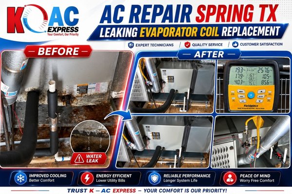 AC Repair Spring TX — Evaporator Coil Replacement & Rusted Drain Pan - During this AC repair call in Spring, TX, our technician arrived expecting a refrigerant issue and found three separate failures working together to destroy this system from the inside.
The Diagnosis:
The evaporator coil had developed a refrigerant leak, which explained the homeowner's poor cooling. But the bigger threat was the drain pan severely rusted from years of condensation pooling without proper maintenance. Another few weeks and that pan overflows directly into the ceiling. We've seen that scenario cost homeowners $6,000+ in property damage.
The aging service valve added a third risk: pressure instability that could accelerate further refrigerant loss.
The Repair:
✔ New Trane evaporator coil installed
✔ Rusted drain pan fully replaced
✔ New service valve installed
✔ Emergency cut-off switch added automatic system shutdown if future water backup occurs
The Result:
System restored to full efficiency. Cooling performance back to spec. More importantly, the homeowner's ceiling and property are protected against water damage going forward.
This is a textbook example of why annual HVAC maintenance matters. Every component we replaced could have been caught and addressed for far less during a routine tune-up.
KAC Express has been serving Spring TX, The Woodlands, Tomball, and surrounding Houston communities since 2012. Same-day service, flat-rate pricing, and $50 off for first-time customers. AC Repair Spring TX — Evaporator Coil Replacement & Rusted Drain Pan - During this AC repair call in Spring, TX, our technician arrived expecting a refrigerant issue and found three separate failures working together to destroy this system from the inside.
The Diagnosis:
The evaporator coil had developed a refrigerant leak, which explained the homeowner's poor cooling. But the bigger threat was the drain pan severely rusted from years of condensation pooling without proper maintenance. Another few weeks and that pan overflows directly into the ceiling. We've seen that scenario cost homeowners $6,000+ in property damage.
The aging service valve added a third risk: pressure instability that could accelerate further refrigerant loss.
The Repair:
✔ New Trane evaporator coil installed
✔ Rusted drain pan fully replaced
✔ New service valve installed
✔ Emergency cut-off switch added automatic system shutdown if future water backup occurs
The Result:
System restored to full efficiency. Cooling performance back to spec. More importantly, the homeowner's ceiling and property are protected against water damage going forward.
This is a textbook example of why annual HVAC maintenance matters. Every component we replaced could have been caught and addressed for far less during a routine tune-up.
KAC Express has been serving Spring TX, The Woodlands, Tomball, and surrounding Houston communities since 2012. Same-day service, flat-rate pricing, and $50 off for first-time customers.