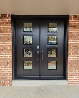 Front Entry Door Transformation - This client replaced their single front entry door with sidelights to a beautiful sleek black double entry for system Front Entry Door Transformation - This client replaced their single front entry door with sidelights to a beautiful sleek black double entry for system