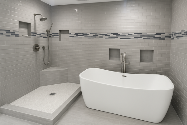 Bathroom remodel - Project Description: Modern Bathroom Remodel with Freestanding Tub & Walk-In Shower
This beautifully remodeled bathroom blends contemporary design with spa-like comfort, offering both style and function in every detail. The transformation showcases clean lines, high-end finishes, and a soothing neutral palette that invites relaxation and elevates daily routines.

Image 1: Full View of Shower and Tub

The main highlight of this remodel is the seamless integration of a custom walk-in shower and a sleek freestanding soaking tub. The shower features light gray subway tiles in a classic horizontal layout, accented by a bold mosaic tile strip that adds a touch of color and texture. Recessed niches provide practical storage while maintaining a clean aesthetic, and a built-in corner bench offers convenience and comfort.

The shower fixtures are finished in brushed nickel, including a rainfall showerhead and a handheld wand, enhancing both luxury and flexibility. The shower floor is tiled with a pebble-style surface for a spa-like feel and improved slip resistance.

Adjacent to the shower, the freestanding tub stands out as a centerpiece of calm and elegance. Its modern, sculptural shape and smooth white finish create a striking contrast against the gray backdrop. A floor-mounted tub filler, also in brushed nickel, ties together the overall design.

Image 2: Close-Up of Freestanding Tub in Use

This close-up shot captures the freestanding tub as it begins to fill, emphasizing the clean, minimalist lines and inviting depth of the basin. The tub filler gently pours a steady stream of water, and the clear reflection enhances the relaxing atmosphere. The gray tile surround and built-in niche continue along the wall, unifying the design with consistency and subtle sophistication.

This image showcases not just beauty but functionality—the ease of use, quality craftsmanship, and attention to detail that Gold Remodeling is known for. From the soft water ripple to the thoughtfully positioned faucet and controls, every element is designed for comfort and luxury.

Key Features:

Modern freestanding soaking tub with floor-mounted brushed nickel filler
Custom walk-in shower with built-in bench and recessed niches
Elegant gray subway tile with decorative mosaic accent strip
Pebble-style shower floor tile for added comfort and safety
Brushed nickel fixtures for a clean, cohesive look
Spa-inspired layout with a calming color palette
Designed for both functionality and visual appeal
Whether you're starting your day or winding down, this bathroom offers the perfect environment to relax, refresh, and feel at home. It's a great example of how thoughtful design and expert craftsmanship can turn an everyday space into a luxurious retreat.