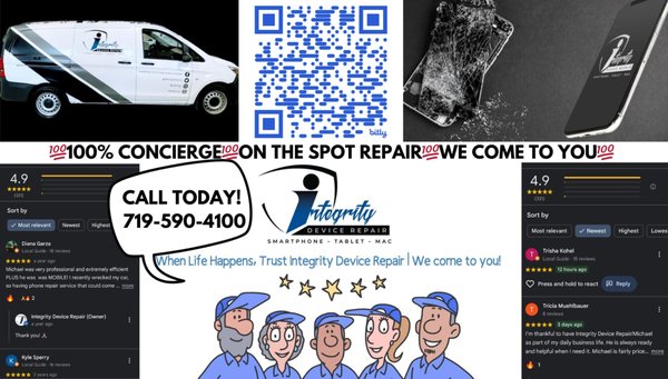 ANY Make/Model Device Repair - Experience unparalleled convenience with Integrity Device Repair's concierge service. We prioritize your time and ease by bringing our expert repair services directly to you—wherever you are. No more waiting in long lines or making inconvenient trips. Our skilled technicians will arrive at your location to provide a FREE diagnostic assessment of your device, ensuring you understand the issue without any obligation. Once diagnosed, we'll offer a competitive quote tailored to your needs, allowing you to make an informed decision. Trust Integrity Device Repair for a seamless, stress-free experience that puts you first. WE COME TO YOU, so you can focus on what truly matters.
