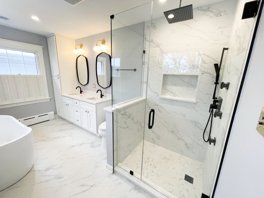 Master Bathroom creation from powder room/partial bedroom - This was an extraordinary project. We had to transform an existing powder room and bedroom into a full master bathroom. This gave our customer a chance to have their own private master bathroom. Master Bathroom creation from powder room/partial bedroom - This was an extraordinary project. We had to transform an existing powder room and bedroom into a full master bathroom. This gave our customer a chance to have their own private master bathroom.
