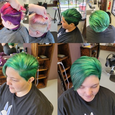 Changing gears! - This client changes her hair often and we just changed gears!  Went from the purple/red in the top photo to the new teal! Never bored! We love doing new and fun colors and have a full selection of fashion colors to fit your needs! 
The second client was fixing a cut that was done elsewhere.  Just a little adjustment in the length... readjusting layers and a bit of blending. Smoothing out the face framing and a nice blow dry!
