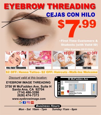 Eyebrow Threading Special Offer - Eyebrow Threading Special for New Customers and Students (with Valid ID). Eyebrow Threading Special Offer - Eyebrow Threading Special for New Customers and Students (with Valid ID).