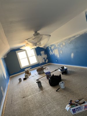 Attic remodel - Repaired drywall, sprayed ceiling and new coat of paint on walls Attic remodel - Repaired drywall, sprayed ceiling and new coat of paint on walls