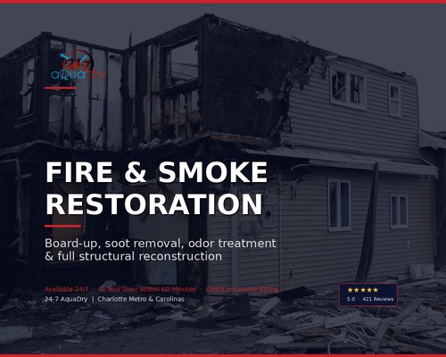 Fire & Smoke Restoration - Soot and odor removal, structural drying, and the rebuild afterwards, for homes across the Charlotte metro. Kitchen and electrical fires, smoke that reached rooms the flames never did, and the water the fire department left behind.
Free estimates, no upfront costs
We answer 24/7, on site within 60 minutes
We work with all insurance companies Fire & Smoke Restoration - Soot and odor removal, structural drying, and the rebuild afterwards, for homes across the Charlotte metro. Kitchen and electrical fires, smoke that reached rooms the flames never did, and the water the fire department left behind.
Free estimates, no upfront costs
We answer 24/7, on site within 60 minutes
We work with all insurance companies