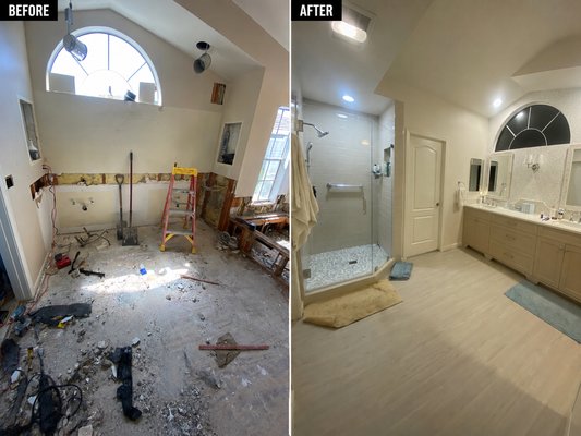 Complete Bathroom Transformation - We transformed this bathroom with a brand-new walk-in shower, new bathtub, updated flooring, and modern finishes throughout, creating a bright, elegant, and functional space.