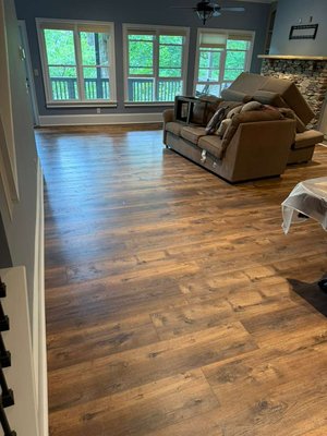 Project #205 - This LVP flooring project features a warm, rustic wood-look finish installed throughout multiple living areas and hallways. The natural variation in the planks adds character and depth, while the continuous layout creates a cohesive flow from room to room. The finished installation brings together the appearance of hardwood with the durability and easy maintenance of luxury vinyl plank flooring.