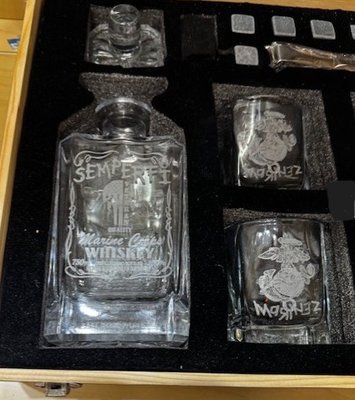 Custom decanter set - A decanter set made in good humor for our brothers at arms. Custom decanter set - A decanter set made in good humor for our brothers at arms.