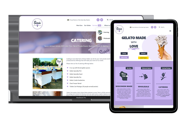 Sara's Artisan Gelato Website - Sara’s Artisan Gelato is a specialty producer of fine Italian Gelato based out of Green Bay, Wisconsin. In October 2024, Sara’s Artisan Gelato required a new website to compliment a new partnership and better reflect their brand.
As the designer of the Sara’s Artisan Gelato brand, we leaned hard into the clean aesthetic we’ve defined with Sara’s Artisan Gelato over the years to deliver a crisp, fun and lovely website design. When it came to website development, we built a custom, user-friendly WordPress website that Sara’s Artisan Gelato can maintain over time. Featuring updated ‘location finder’ maps, lead-generating online forms and stellar visuals to show off the product, this new website primes Sara’s Artisan Gelato for a new phase of their business and growth! Sara's Artisan Gelato Website - Sara’s Artisan Gelato is a specialty producer of fine Italian Gelato based out of Green Bay, Wisconsin. In October 2024, Sara’s Artisan Gelato required a new website to compliment a new partnership and better reflect their brand.
As the designer of the Sara’s Artisan Gelato brand, we leaned hard into the clean aesthetic we’ve defined with Sara’s Artisan Gelato over the years to deliver a crisp, fun and lovely website design. When it came to website development, we built a custom, user-friendly WordPress website that Sara’s Artisan Gelato can maintain over time. Featuring updated ‘location finder’ maps, lead-generating online forms and stellar visuals to show off the product, this new website primes Sara’s Artisan Gelato for a new phase of their business and growth!