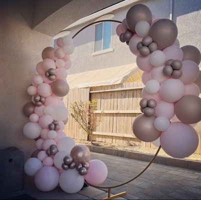 Balloons garland arch with 3 colors of balloons - Our client wanted to surprise her mom for her birthday with this Pretty in Pink cute golden 6x6 round arch with balloons garland matte pastel colors design!! We definitely made her pool fiesta fresh!!