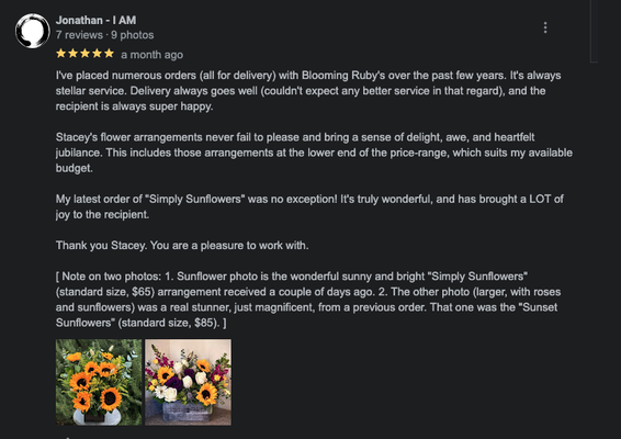 Check out our Google reviews! - We get lots of amazing reviews from elsewhere, check out what people have to say about Blooming Ruby's! Check out our Google reviews! - We get lots of amazing reviews from elsewhere, check out what people have to say about Blooming Ruby's!