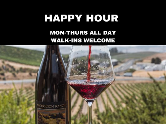 Happy Hour @ Nicholson Ranch! - Unwind with us at our all-new Happy Hour at the Ranch! Join us every Monday through Thursday for our exclusive Happy Hour Tasting at the Tasting Bar, only $25 per person. Indulge in a delightful selection of four Estate wines, featuring 2 Chardonnays and 2 Pinots, expertly curated to tantalize your taste buds. It's the perfect way to savor the flavors of the ranch and elevate your weekday evenings. Join us and let the good times flow!
Last Call: 5p Happy Hour @ Nicholson Ranch! - Unwind with us at our all-new Happy Hour at the Ranch! Join us every Monday through Thursday for our exclusive Happy Hour Tasting at the Tasting Bar, only $25 per person. Indulge in a delightful selection of four Estate wines, featuring 2 Chardonnays and 2 Pinots, expertly curated to tantalize your taste buds. It's the perfect way to savor the flavors of the ranch and elevate your weekday evenings. Join us and let the good times flow!
Last Call: 5p