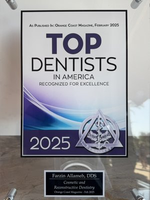 Recognized for Excellence in Dentistry - At Ocean Hills Dentistry, excellence is defined by trust, artistry, and the respect of our peers. From 2019 through 2025, Dr. Allameh has been named among the nation’s and Orange County’s Top Dentists, a recognition that comes not only from the smiles we create, but from the dentists and specialists in our own community who’ve entrusted us with this honor year after year.
These awards reflect more than skill, they represent a shared standard of integrity and care, and a dedication to crafting smiles that feel natural, effortless, and entirely unique to each guest we serve. Recognized for Excellence in Dentistry - At Ocean Hills Dentistry, excellence is defined by trust, artistry, and the respect of our peers. From 2019 through 2025, Dr. Allameh has been named among the nation’s and Orange County’s Top Dentists, a recognition that comes not only from the smiles we create, but from the dentists and specialists in our own community who’ve entrusted us with this honor year after year.
These awards reflect more than skill, they represent a shared standard of integrity and care, and a dedication to crafting smiles that feel natural, effortless, and entirely unique to each guest we serve.