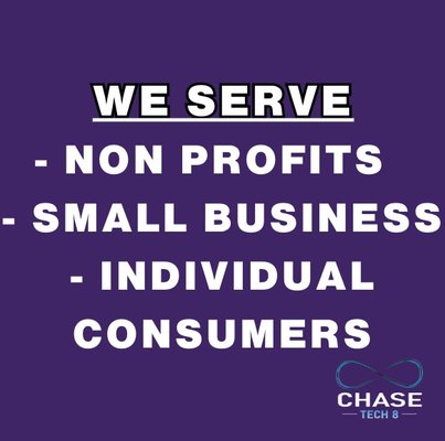 Who We Serve - At CHASE Tech 8, our vision is to support the small businesses, small non-profits, and individuals who are often overlooked by larger IT firms. We understand that small entities are the backbone of our community, yet they often struggle to find reliable IT support. Who We Serve - At CHASE Tech 8, our vision is to support the small businesses, small non-profits, and individuals who are often overlooked by larger IT firms. We understand that small entities are the backbone of our community, yet they often struggle to find reliable IT support.