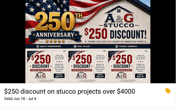 ⚡️$250 discount on stucco projects over $4000⚡️ - Call Today to Lock In Your Yelp Exclusive Deal!
(225) 555-1234

For a limited time, mention YELP and get $250 off any stucco project over $4,000!
Valid June 18 – July 4

AandG Stucco LLC—Baton Rouge’s trusted, licensed, and insured stucco experts with over 200 five-star reviews on Google and Yelp. Since 2011, local residents and businesses have relied on us for professional stucco repair, replacement, EIFS restoration, water damage repair, and more.

Don’t miss this limited-time offer—call (225) 555-1234 today to schedule your free estimate and claim your $250 discount. Fast response, honest pricing, and exceptional craftsmanship—call now and experience the AandG Stucco difference!