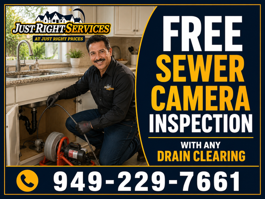 Free Sewer Camera Inspection with Any Drain Clearing. 949-229-7661 - Call 949-229-7661 to schedule your drain clearing and get a free sewer camera inspection included. Just Right Services is offering this to homeowners throughout Laguna Hills, Irvine, Lake Forest, Mission Viejo, Aliso Viejo, Laguna Beach, Laguna Niguel, Laguna Woods, and all of Orange County.
If you have called a plumber for the same drain problem more than once, you already know how frustrating it is. Clearing a stoppage without knowing what caused it is a temporary fix. Grease buildup, root intrusion, pipe damage, and aging lines all look the same from the surface but require very different solutions. Without a camera inspection, you are guessing. And guessing gets expensive over time.
At Just Right Services, we clear your stoppage and then send a camera down the line so you can see exactly what is going on inside your pipes. We explain what we find in plain language, walk you through your options, and let you decide how to move forward. Same day service, upfront pricing, and a crew that leaves your home cleaner than we found it. We need an accessible cleanout to complete the scope, and we will confirm that when we arrive.
✅ Free sewer camera inspection included with any drain clearing
✅ Covers drain and sewer line inspection
✅ Same day service available
✅ Licensed and NATE-certified technicians
✅ Upfront pricing before any work begins
✅ Trusted by Orange County families for over 36 years
Stop paying to clear the same stoppage over and over. Call 949-229-7661 today and let us find out what is actually going on inside your pipes. One visit, real answers, and a plan to fix it for good. Free Sewer Camera Inspection with Any Drain Clearing. 949-229-7661 - Call 949-229-7661 to schedule your drain clearing and get a free sewer camera inspection included. Just Right Services is offering this to homeowners throughout Laguna Hills, Irvine, Lake Forest, Mission Viejo, Aliso Viejo, Laguna Beach, Laguna Niguel, Laguna Woods, and all of Orange County.
If you have called a plumber for the same drain problem more than once, you already know how frustrating it is. Clearing a stoppage without knowing what caused it is a temporary fix. Grease buildup, root intrusion, pipe damage, and aging lines all look the same from the surface but require very different solutions. Without a camera inspection, you are guessing. And guessing gets expensive over time.
At Just Right Services, we clear your stoppage and then send a camera down the line so you can see exactly what is going on inside your pipes. We explain what we find in plain language, walk you through your options, and let you decide how to move forward. Same day service, upfront pricing, and a crew that leaves your home cleaner than we found it. We need an accessible cleanout to complete the scope, and we will confirm that when we arrive.
✅ Free sewer camera inspection included with any drain clearing
✅ Covers drain and sewer line inspection
✅ Same day service available
✅ Licensed and NATE-certified technicians
✅ Upfront pricing before any work begins
✅ Trusted by Orange County families for over 36 years
Stop paying to clear the same stoppage over and over. Call 949-229-7661 today and let us find out what is actually going on inside your pipes. One visit, real answers, and a plan to fix it for good.
