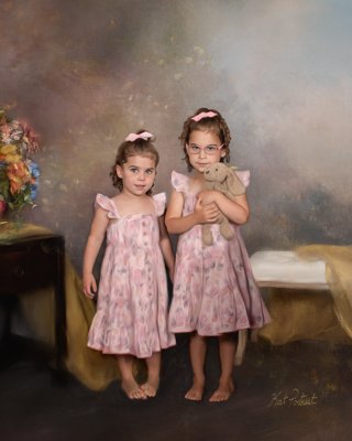Painted Portraiture - Hand painted portraits take photographic portraits to the next level.  
You could do the same photographic portraits, indoors, outdoors, in studio or anywhere.  Those are great too.  But why not create something  that brings your portrait to the level of fine art?  
You could commission a traditional oil direct to canvas painting.  They are great.  Or you could commission a portrait through Kat Portrait Studios.  We go from a series of photographic images taken in studio (indoors or outdoors) and find only the best poses and expressions.  They are then sketched and hand painted using digital brushes and tools.  The finished print is using the finest print labs and either becomes an economical print or a fine giclee canvas with applied acrylics and oils to produce a painting that rivals the oil direct to canvas work.
Choose Kat Portrait Studio for a portrait of quality and beauty not easily found anywhere else.