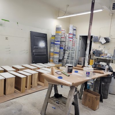 Cabinets At Our Shop - We have a large shop where we can paint Cabinets and Doors. Cabinets At Our Shop - We have a large shop where we can paint Cabinets and Doors.