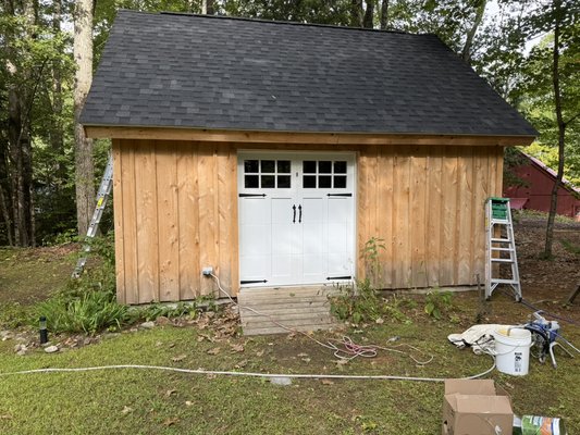 Shed stains/waterproofing - Power wash, mask and spray 1 coat Benjamin Moore woodlux translucent natural sealer Shed stains/waterproofing - Power wash, mask and spray 1 coat Benjamin Moore woodlux translucent natural sealer
