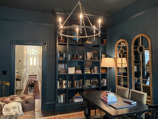 Stunning Library in The Castro - The homeowner had a vision for this beautiful library repainted from floor to ceiling in Farrow & Ball Hauge Blue.  Wonderful color saturation.