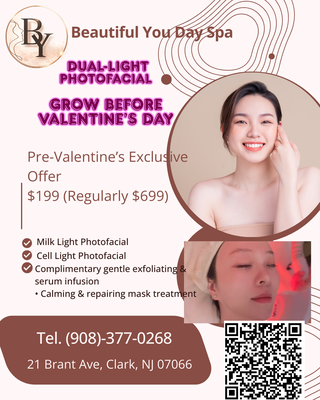 💌 Glow Ahead This Valentine’s Day Special - ✨ Pre-Valentine’s Offer: $199 (Reg. $699) ✨
Your Valentine’s Day Glow Includes:
Milk Light Photofacial
Cell Light Photofacial
Complimentary gentle exfoliating serum infusion
Calming & repairing mask treatment (an $89 value!)
Show yourself some love or gift the glow to someone special. Limited availability—book your Valentine’s beauty boost today! 💌 Glow Ahead This Valentine’s Day Special - ✨ Pre-Valentine’s Offer: $199 (Reg. $699) ✨
Your Valentine’s Day Glow Includes:
Milk Light Photofacial
Cell Light Photofacial
Complimentary gentle exfoliating serum infusion
Calming & repairing mask treatment (an $89 value!)
Show yourself some love or gift the glow to someone special. Limited availability—book your Valentine’s beauty boost today!