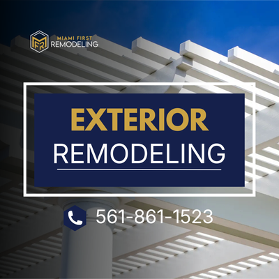 Exterior Remodeling - Call Today at (561) 861-1523 for a Free, No-Obligation Remodeling Consultation

Enhance your home's curb appeal, functionality, and outdoor living experience with Miami First Remodeling. From custom patio rooms and backyard transformations to modern driveways, metal roofing, windows, doors, and professional painting, we provide complete exterior remodeling solutions designed to increase both the beauty and value of your home.

Why Choose Miami First Remodeling?

Complete Exterior Solutions – We offer a full range of exterior remodeling services, all managed by one experienced team.

Quality Craftsmanship – We use premium materials and proven construction techniques to ensure lasting results.

Designed for Your Lifestyle – Every project is customized to match your home's style, your needs, and your budget.

Our Exterior Remodeling Services
Patio Room Construction
Backyard Remodeling & Outdoor Living Spaces
Hardscaping Services
Modern Concrete Driveways
Metal Roofing Installation & Repair
Window & Door Replacement
Exterior & Interior Painting
Our Process

Free Consultation – Meet with our team to discuss your goals, ideas, and budget.

Design & Planning – We create a customized remodeling plan tailored to your property.

Material Selection – Choose from quality materials, finishes, and design options that complement your home.

Professional Construction – Our skilled team completes every project with precision, efficiency, and clear communication.

Final Walkthrough – We inspect every detail to ensure your exterior renovation meets our high standards and your complete satisfaction.

Why Homeowners Trust Miami First Remodeling

Whether you're creating the perfect outdoor living space, installing a durable metal roof, upgrading your home's exterior, or refreshing it with professional painting, Miami First Remodeling delivers exceptional craftsmanship and personalized service from start to finish.

Call (561) 861-1523 today to schedule your free consultation for exterior remodeling services.