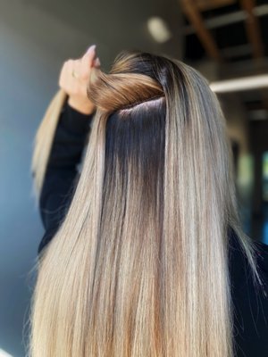 Hand Tied Extensions - Hand tied extensions are the most comfortable and least damaging extension method currently on the market. Hair extensions shouldn't be painful or uncomfortable. Gone are the days of stylists telling their clients to take an Advil for a couple days following their install. Welcome to the world of hand tied extensions! Hand tied extensions not only offer a more comfortable experience, but also appears to be the most natural looking method of extensions. Looking to add volume and/or length? Hand tied extensions are the answer. Hand Tied Extensions - Hand tied extensions are the most comfortable and least damaging extension method currently on the market. Hair extensions shouldn't be painful or uncomfortable. Gone are the days of stylists telling their clients to take an Advil for a couple days following their install. Welcome to the world of hand tied extensions! Hand tied extensions not only offer a more comfortable experience, but also appears to be the most natural looking method of extensions. Looking to add volume and/or length? Hand tied extensions are the answer.
