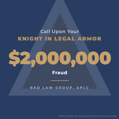 Our Case Results — Fighting for Maximum Compensation - At Rad Law Group, we do not back down. For over 30 years, Attorney Peyman Rad has gone up against some of the largest insurance companies in the country and consistently delivered results that reflect the true value of our clients' cases -- not the lowball offers insurers hope injured victims will accept.
The results below represent real cases, real fights, and real people who trusted us to stand in their corner when it mattered most.
$2,000,000 -- Fraud
$1,200,000 -- Breach of Contract
$500,000 -- Motor Vehicle Accident
$500,000 -- Dog Bite
$225,000 -- Slip & Fall
$100,000 -- Traumatic Brain Injury
$100,000 -- Policy Limits Dog Bite
$100,000 -- Car Accident / Intentional Tort
$93,000 -- Contamination
$80,000 -- Government Claim
$53,000 -- Uninsured / Underinsured Motorist
Every case is different. But our commitment to fighting for the maximum possible outcome never changes. Free consultation, no fees unless we win.
📞 (408) 241-5300
🌐 radlawgroup.com
📍 940 Saratoga Ave, Suite 260, San Jose, CA 95129
Results may vary. Past results do not guarantee future outcomes. Our Case Results — Fighting for Maximum Compensation - At Rad Law Group, we do not back down. For over 30 years, Attorney Peyman Rad has gone up against some of the largest insurance companies in the country and consistently delivered results that reflect the true value of our clients' cases -- not the lowball offers insurers hope injured victims will accept.
The results below represent real cases, real fights, and real people who trusted us to stand in their corner when it mattered most.
$2,000,000 -- Fraud
$1,200,000 -- Breach of Contract
$500,000 -- Motor Vehicle Accident
$500,000 -- Dog Bite
$225,000 -- Slip & Fall
$100,000 -- Traumatic Brain Injury
$100,000 -- Policy Limits Dog Bite
$100,000 -- Car Accident / Intentional Tort
$93,000 -- Contamination
$80,000 -- Government Claim
$53,000 -- Uninsured / Underinsured Motorist
Every case is different. But our commitment to fighting for the maximum possible outcome never changes. Free consultation, no fees unless we win.
📞 (408) 241-5300
🌐 radlawgroup.com
📍 940 Saratoga Ave, Suite 260, San Jose, CA 95129
Results may vary. Past results do not guarantee future outcomes.