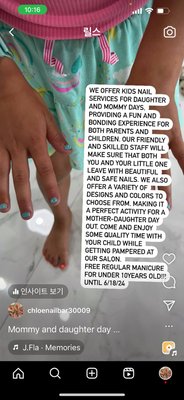 Mommy and daughter day - Enjoy mommy and daughter day with Chloe nail bar! Free regular manicure for under 10years old, until 6/18/24!
Make an appointment! Mommy and daughter day - Enjoy mommy and daughter day with Chloe nail bar! Free regular manicure for under 10years old, until 6/18/24!
Make an appointment!