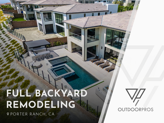 Complete Backyard & Pool Remodeling in Porter Ranch, CA - We transformed this Porter Ranch property into a complete outdoor living retreat designed for relaxation and entertaining. We built a custom swimming pool with a raised spa, dark aggregate finishes, geometric tile details, stone-look cladding, and integrated sheer-descent waterfalls.
We created a cohesive layout connecting the pool deck, elevated fire pit lounge, and covered entertainment area. The custom outdoor kitchen features a built-in grill, bar seating, marble-look countertops, integrated lighting, and a wall-mounted television beneath a modern louvered patio cover.
We completed the space with glass fencing, illuminated steps, accent lighting, comfortable gathering areas, and thoughtful landscaping to create a modern backyard for swimming, dining, and Southern California outdoor living. Complete Backyard & Pool Remodeling in Porter Ranch, CA - We transformed this Porter Ranch property into a complete outdoor living retreat designed for relaxation and entertaining. We built a custom swimming pool with a raised spa, dark aggregate finishes, geometric tile details, stone-look cladding, and integrated sheer-descent waterfalls.
We created a cohesive layout connecting the pool deck, elevated fire pit lounge, and covered entertainment area. The custom outdoor kitchen features a built-in grill, bar seating, marble-look countertops, integrated lighting, and a wall-mounted television beneath a modern louvered patio cover.
We completed the space with glass fencing, illuminated steps, accent lighting, comfortable gathering areas, and thoughtful landscaping to create a modern backyard for swimming, dining, and Southern California outdoor living.