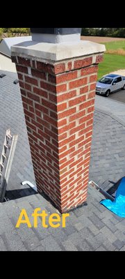 Chimney Tuckpointing - This chimney was filled with an epoxy instead of tuckpointed, as you can see from the pictures the epoxy didn't last so we ground out the epoxy and the loose mortar and tuckpointed it using industrial strength mortar. Chimney Tuckpointing - This chimney was filled with an epoxy instead of tuckpointed, as you can see from the pictures the epoxy didn't last so we ground out the epoxy and the loose mortar and tuckpointed it using industrial strength mortar.