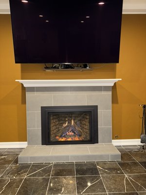 Fireplace Remodel/ upgrade 
Existing Wood burning to Gas insert - This Fireplace project had a wood burning stove insert,
We removed the wood burning stove and rebuilt the entire hearth and face of the fireplace Everything was done with none combustible materials, mantel was installed according to the gas insert specifications/clearances customer was satisfied with the Job! Gave us 👍🏻👍🏻