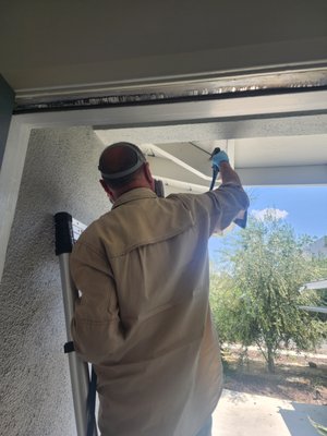 Drywood termite localized treatment. - Localized termite treatment was performed at garage wood members and rafter tails. Drywood termite localized treatment. - Localized termite treatment was performed at garage wood members and rafter tails.