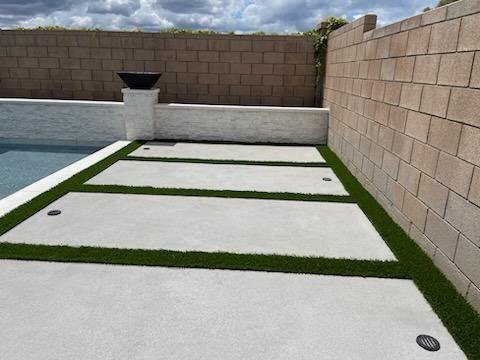 Pool Side Artificial Grass Installation - View our Pool Side Artificial Grass Installation with Cement Pavers in Corona, CA Pool Side Artificial Grass Installation - View our Pool Side Artificial Grass Installation with Cement Pavers in Corona, CA