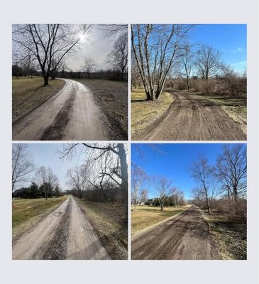 Gravel Driveway - Before & after gravel driveway refresh for a rural property. Photos show a long gravel lane that was graded and resurfaced, with smoother driving lines, fresh gravel coverage, and improved appearance throughout the entrance road. Trees and open lawn areas line both sides of the driveway, highlighting the cleanup and leveling work.