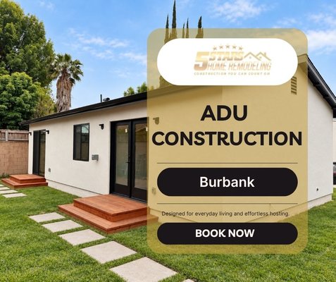ADU Construction in Burbank - This custom ADU construction project in Burbank was designed to create a modern, comfortable, and fully functional living space with a clean contemporary finish. The project included a complete kitchen, modern bathrooms, new flooring, recessed lighting, mini-split HVAC, custom storage, in-unit laundry, updated electrical and plumbing, and finished interior and exterior details.
The open layout was designed to maximize usable space while maintaining a bright and comfortable feel throughout the home. The kitchen features custom cabinetry, quartz countertops, stainless steel appliances, and modern lighting. The bathrooms include contemporary vanities, frameless glass showers, updated fixtures, and clean tile finishes.
The finished ADU also includes private entrances, sliding glass doors, efficient climate control, built-in storage, and a simple landscaped exterior designed to complement the new construction.
5 Stars Home Remodeling specializes in ADU construction, garage conversions, home additions, kitchen remodeling, bathroom remodeling, and complete home renovation projects throughout the Los Angeles area. ADU Construction in Burbank - This custom ADU construction project in Burbank was designed to create a modern, comfortable, and fully functional living space with a clean contemporary finish. The project included a complete kitchen, modern bathrooms, new flooring, recessed lighting, mini-split HVAC, custom storage, in-unit laundry, updated electrical and plumbing, and finished interior and exterior details.
The open layout was designed to maximize usable space while maintaining a bright and comfortable feel throughout the home. The kitchen features custom cabinetry, quartz countertops, stainless steel appliances, and modern lighting. The bathrooms include contemporary vanities, frameless glass showers, updated fixtures, and clean tile finishes.
The finished ADU also includes private entrances, sliding glass doors, efficient climate control, built-in storage, and a simple landscaped exterior designed to complement the new construction.
5 Stars Home Remodeling specializes in ADU construction, garage conversions, home additions, kitchen remodeling, bathroom remodeling, and complete home renovation projects throughout the Los Angeles area.