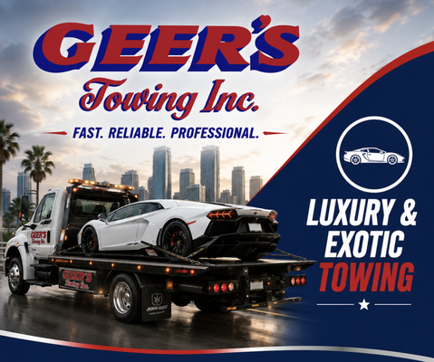 Luxury & Exotic Vehicles - Geers Towing offers luxury and exotic vehicle towing with professional flatbed transport for high-end cars, sports cars, supercars, EVs, and collector vehicles. Safe, damage-free towing using experienced operators and modern equipment to protect your investment from pickup to delivery.
