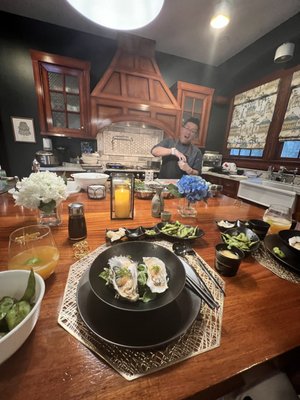 Omakase Dinner for 2 - Served a beautiful family of three a 12-course Private Omakase dinner. Typically, this service is done only for parties of 2 but certain arrangements were agreed upon to make this happen. All ingredients were purchased fresh that morning prior to arriving to the client's home. I loved how the family decided to eat in the kitchen where all the action was happening. We all had such a fun time getting to know each other and drinking homemade margaritas by Melissa. An excellent and memorable evening not only for them but for me as well.

Menu 
umami sauteed edamame
Sunomono cucumber crab salad
signature miso broth
ahi poke wonton crisp
fresh oysters
halibut carpaccio
salmon belly
bluefin fatty tuna
wagyu yakitori
hokkaido scallop
Live sweet shrimp
chirashi